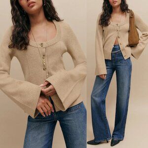 Reformation Karina Regenerative Wool Linen Tan Scoop Neck Cardigan Size L